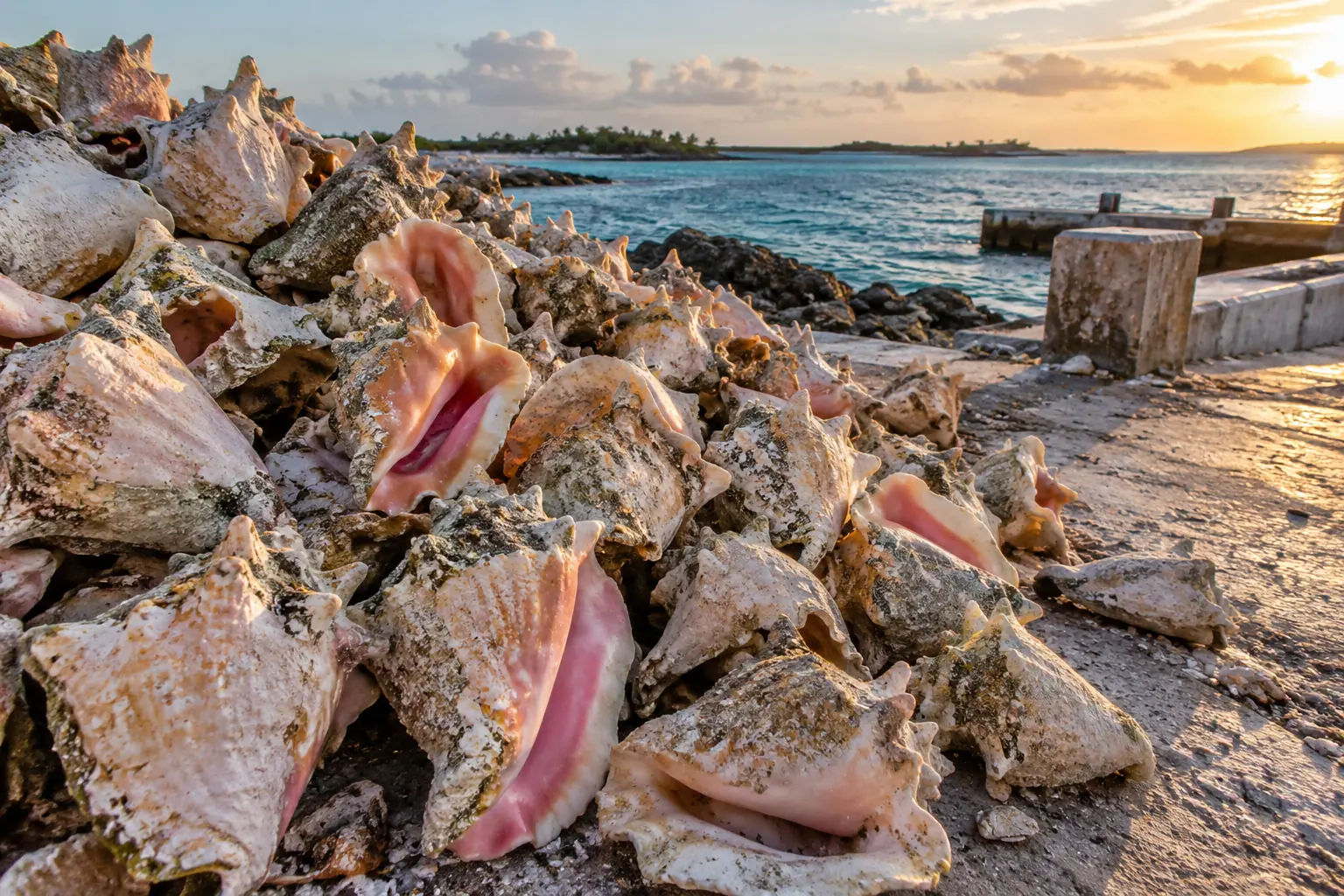Conch shells beside a Bahamian coastal landing