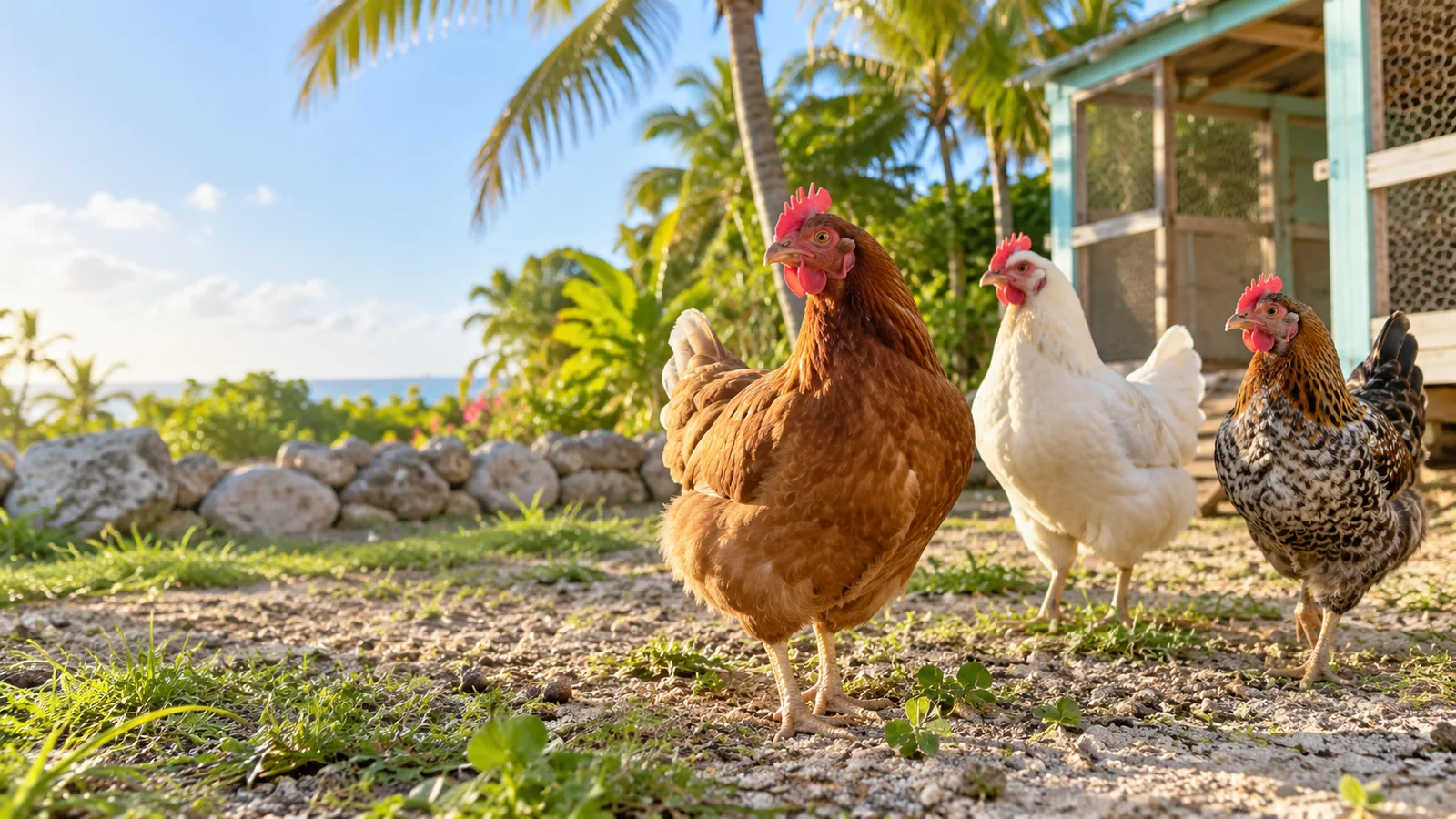 Three laying hens in a small tropical poultry yard
