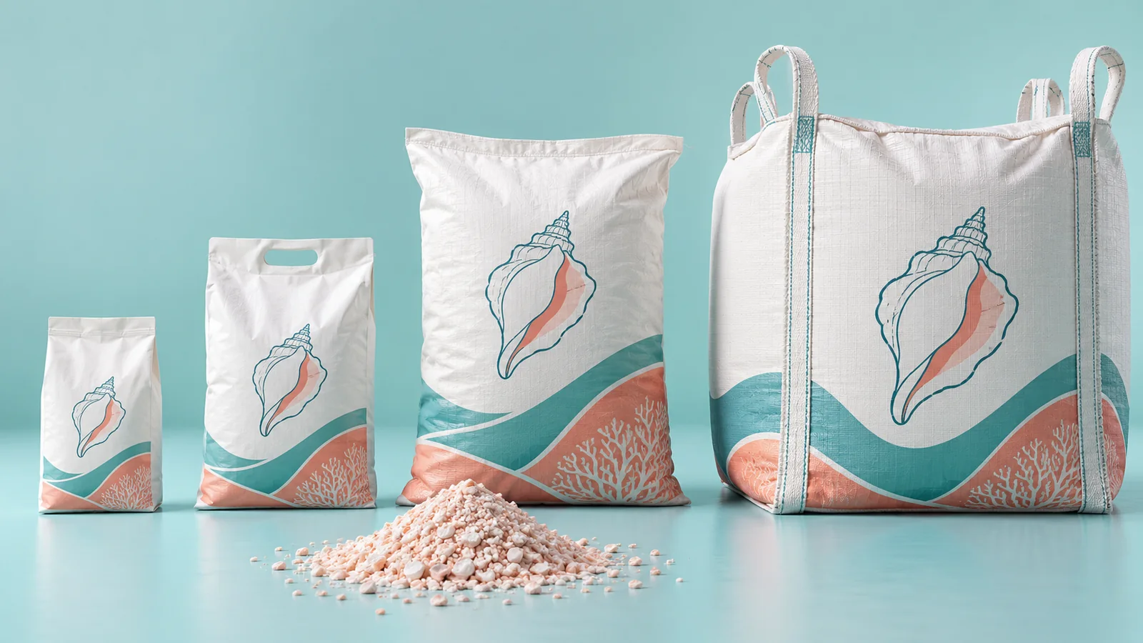 Four possible poultry calcium bag sizes, from a small pouch to a bulk sack